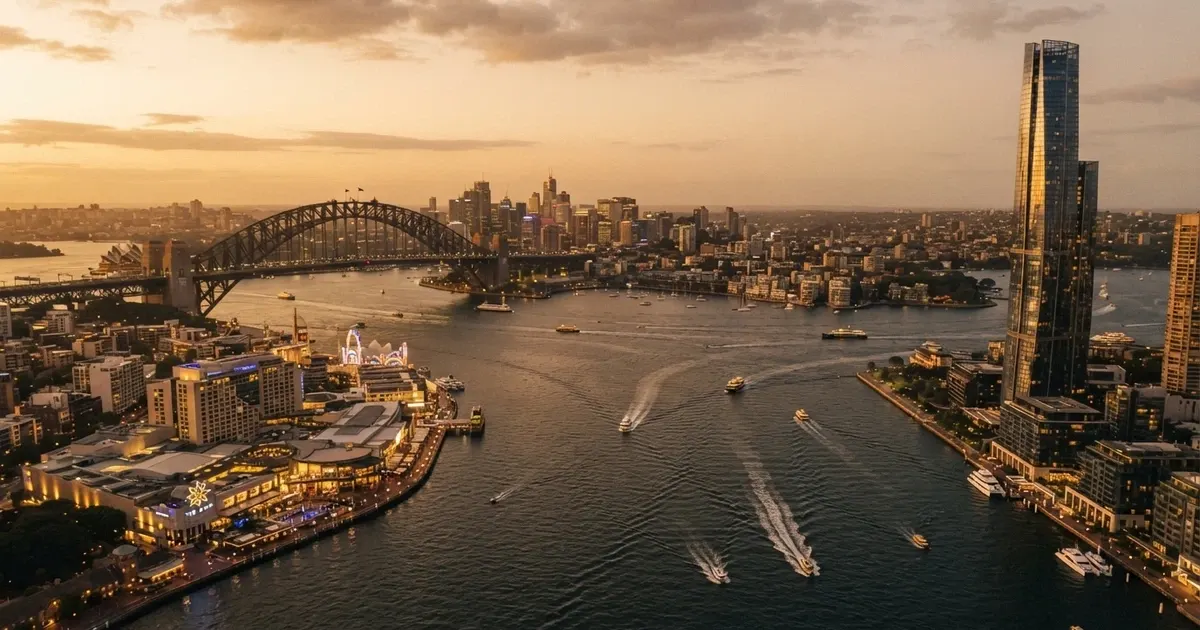 Aerial view of Sydney Harbour showing the Crown Sydney tower at Barangaroo and The Star Sydney complex at Pyrmont along the waterfront