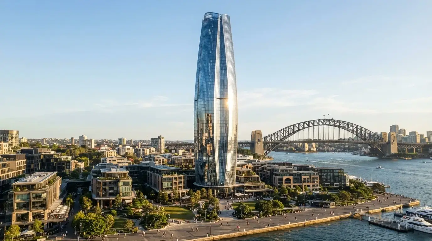 Crown Sydney's 75-storey tower rising above Barangaroo with the Sydney Harbour Bridge visible in the background