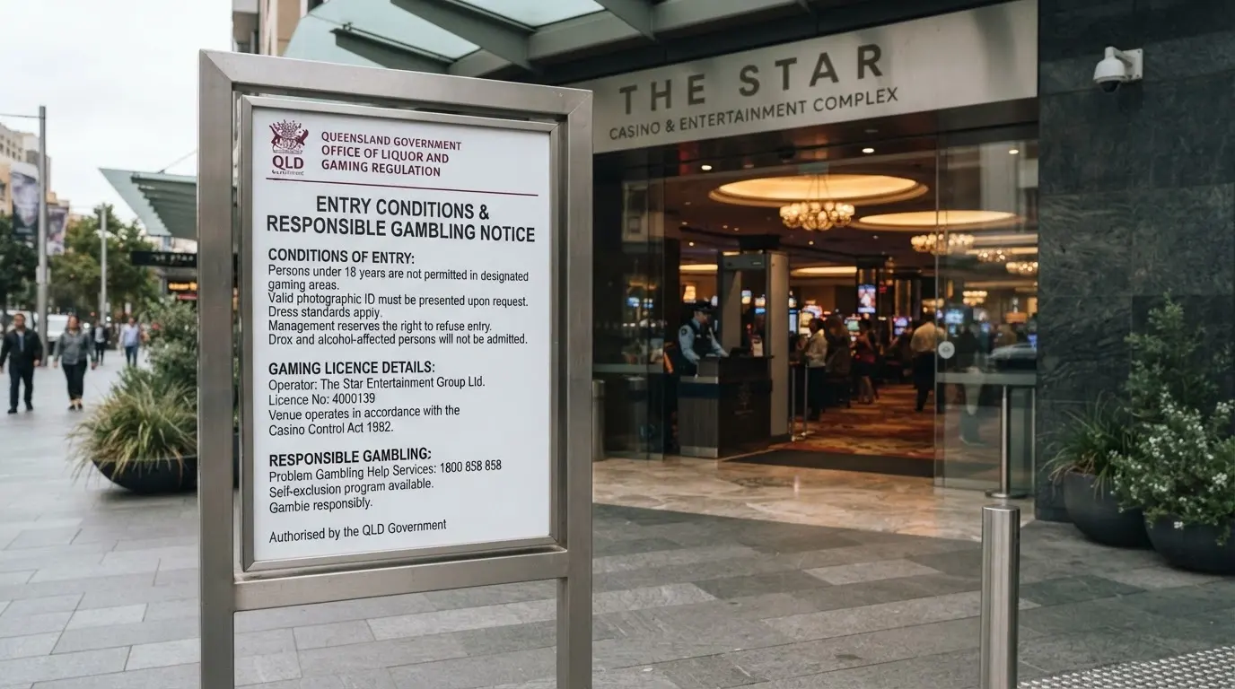 Official NSW Government signage at a Sydney casino entrance displaying entry conditions, licence details and responsible-gambling notices