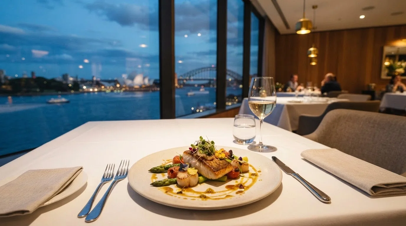 An elegantly plated dish inside a white-tablecloth restaurant at a Sydney casino with harbour views through floor-to-ceiling windows